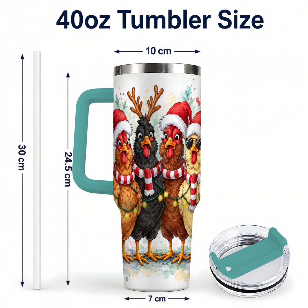 #pl[40oz|Green] Watercolor Chickens 40oz Tumbler with Handle, Christmas Farmhouse Art
