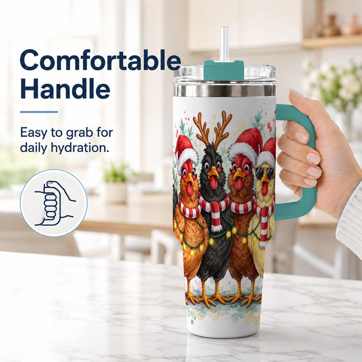 #pl[40oz|Green] Watercolor Chickens 40oz Tumbler with Handle, Christmas Farmhouse Art
