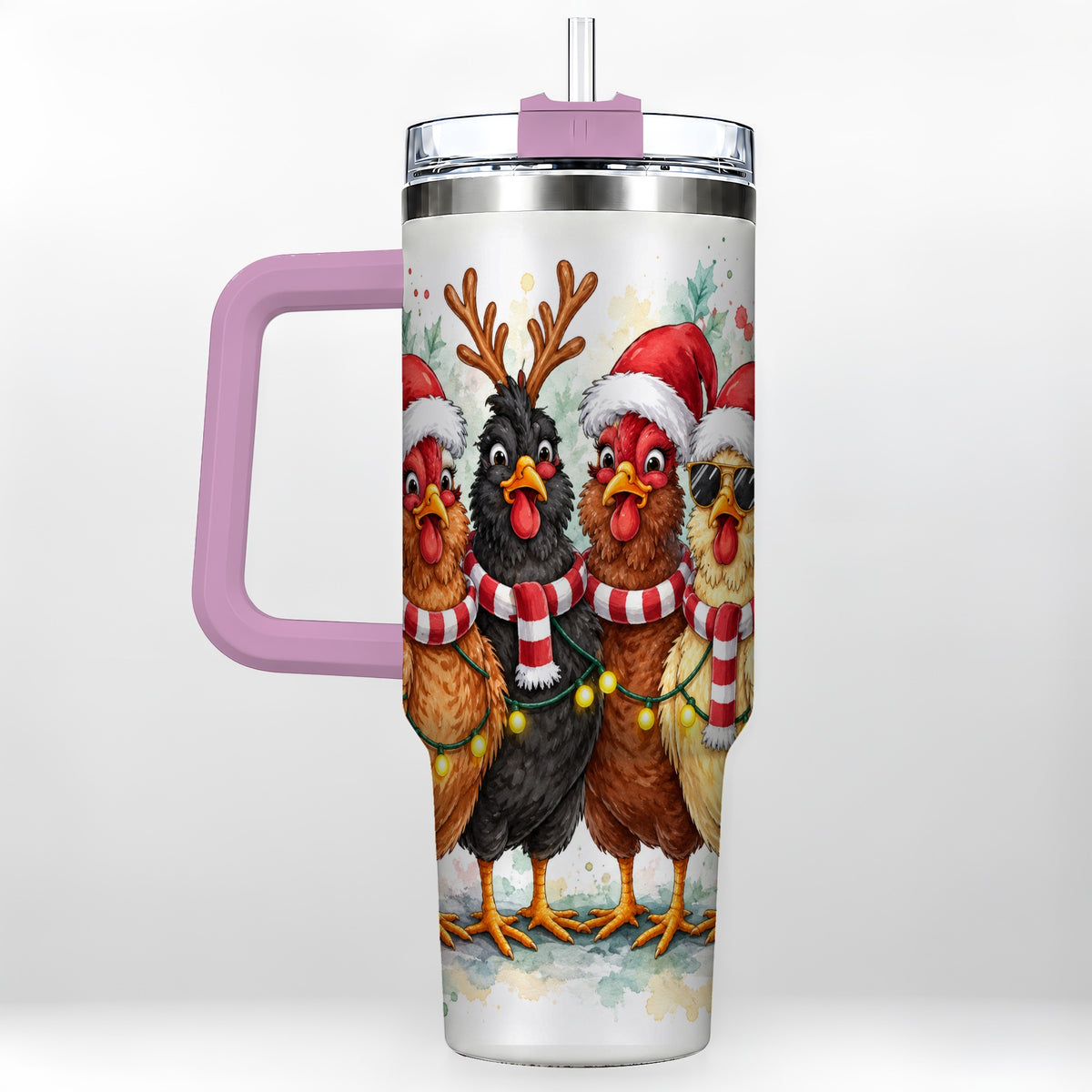 #pl[40oz|Pink] Watercolor Chickens 40oz Tumbler with Handle, Christmas Farmhouse Art