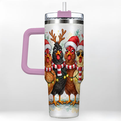 #pl[40oz|Pink] Watercolor Chickens 40oz Tumbler with Handle, Christmas Farmhouse Art