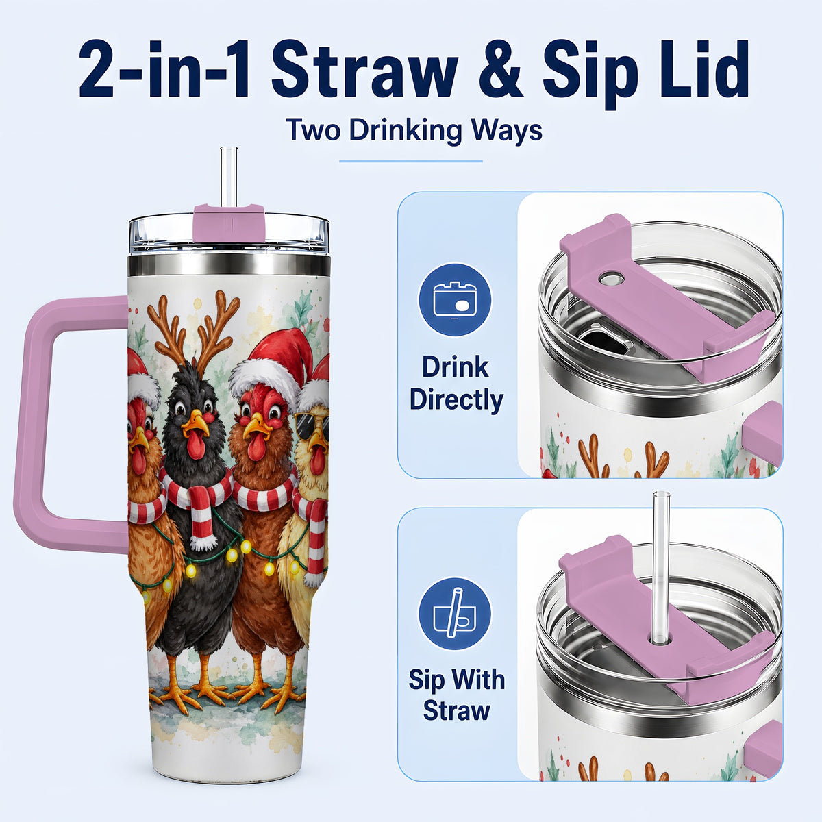 #pl[40oz|Pink] Watercolor Chickens 40oz Tumbler with Handle, Christmas Farmhouse Art