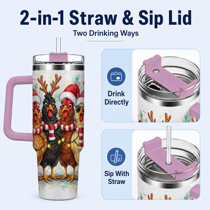 #pl[40oz|Pink] Watercolor Chickens 40oz Tumbler with Handle, Christmas Farmhouse Art