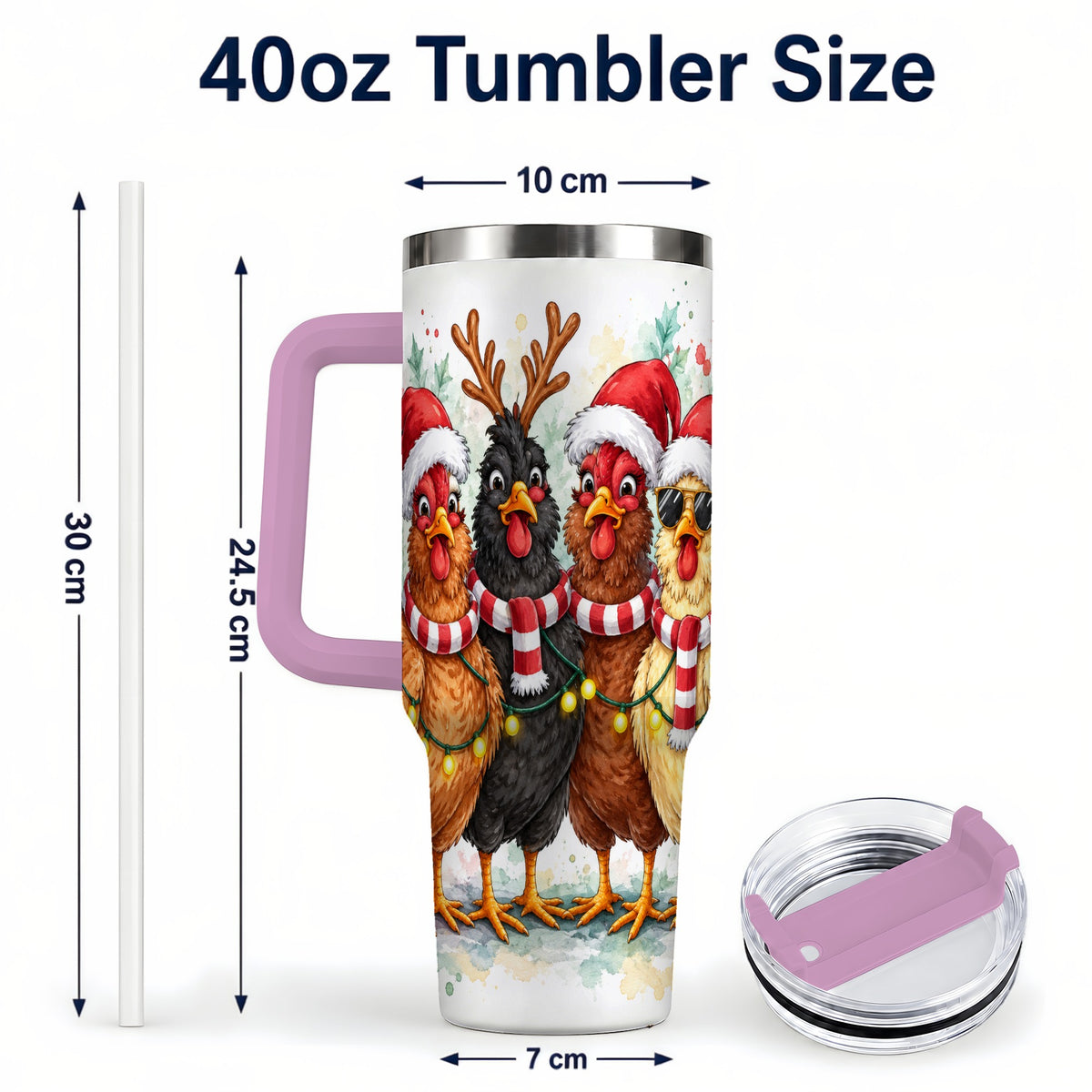 #pl[40oz|Pink] Watercolor Chickens 40oz Tumbler with Handle, Christmas Farmhouse Art
