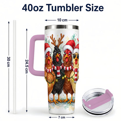#pl[40oz|Pink] Watercolor Chickens 40oz Tumbler with Handle, Christmas Farmhouse Art