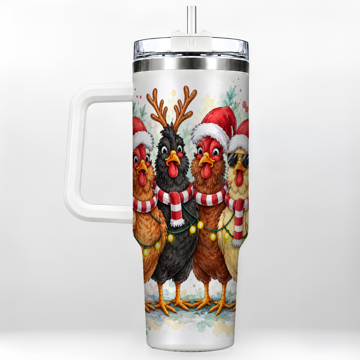 Watercolor Chickens 40oz Tumbler with Handle, Christmas Farmhouse Art