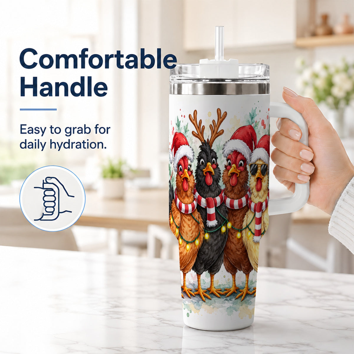 #pl[40oz|White] Watercolor Chickens 40oz Tumbler with Handle, Christmas Farmhouse Art