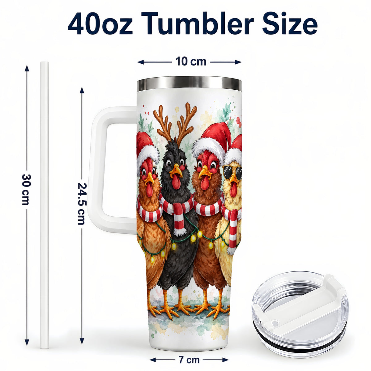 #pl[40oz|White] Watercolor Chickens 40oz Tumbler with Handle, Christmas Farmhouse Art