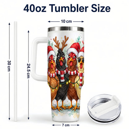 #pl[40oz|White] Watercolor Chickens 40oz Tumbler with Handle, Christmas Farmhouse Art