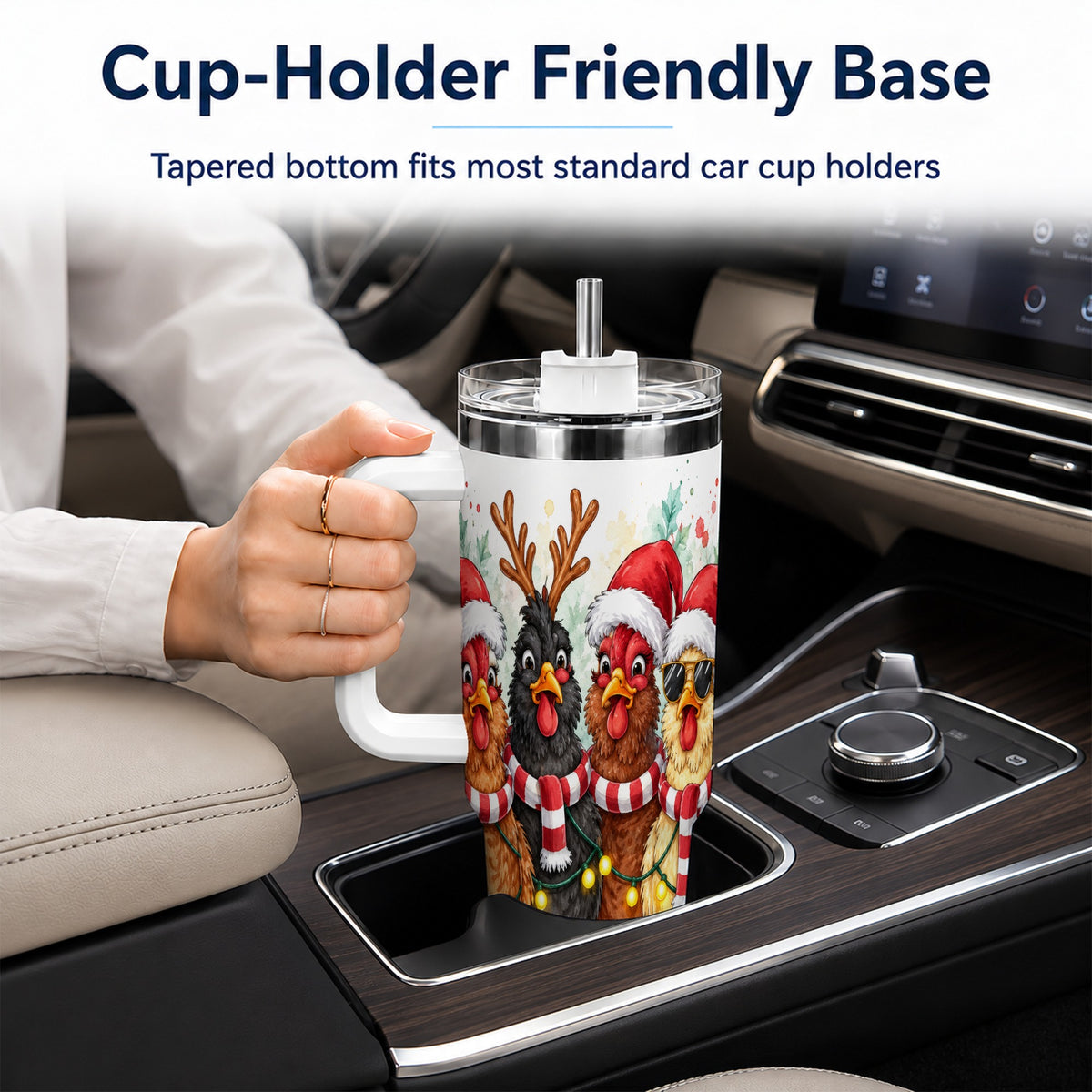 Watercolor Chickens 40oz Tumbler with Handle, Christmas Farmhouse Art