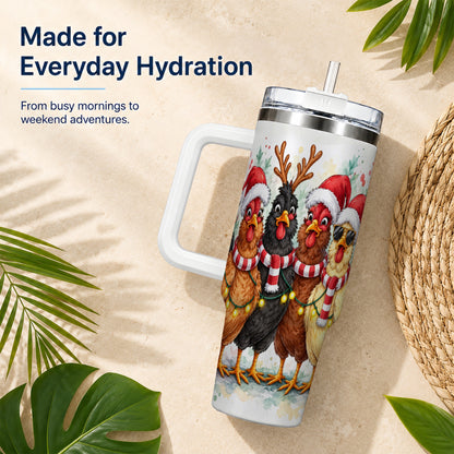 Watercolor Chickens 40oz Tumbler with Handle, Christmas Farmhouse Art