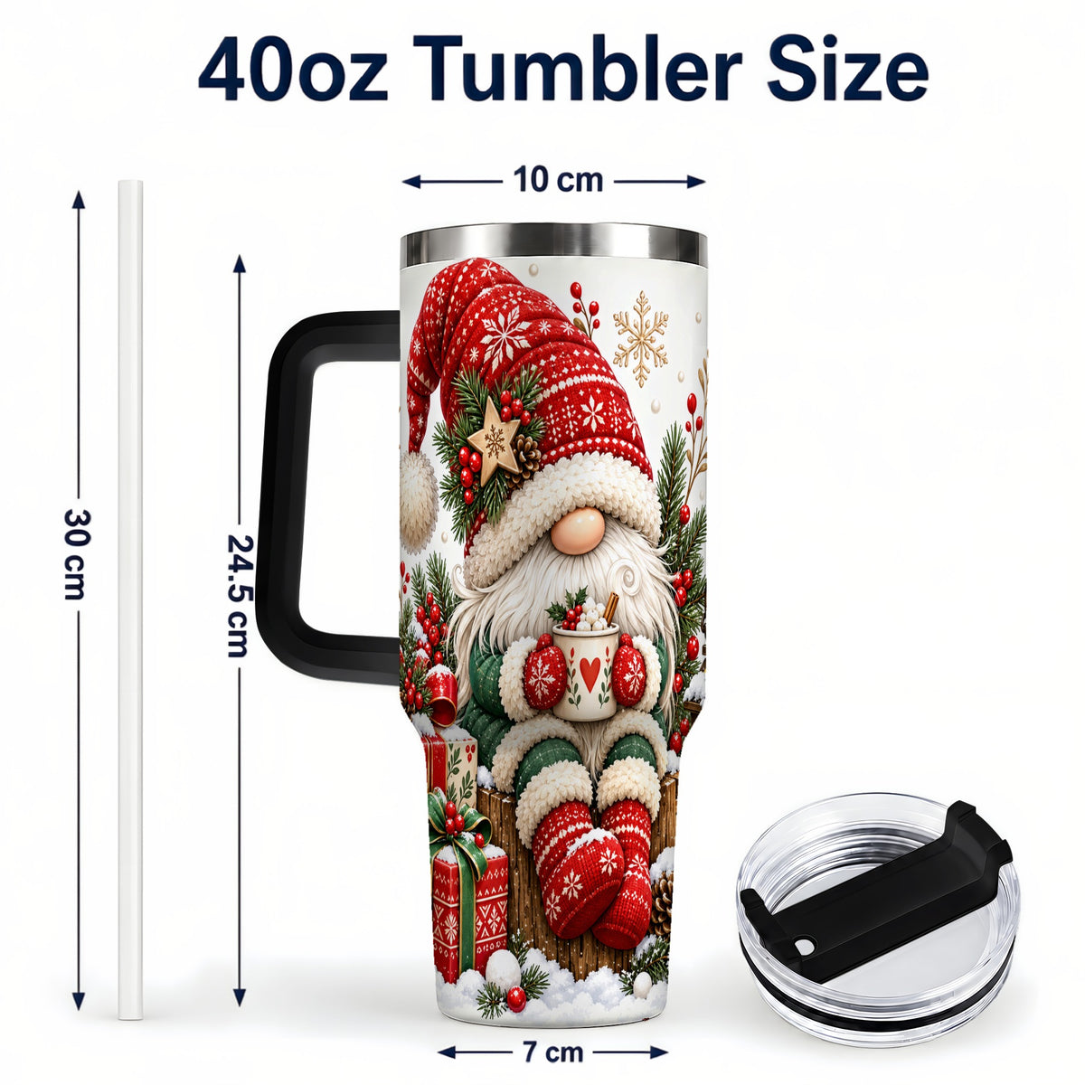 #pl[40oz|Black] Christmas Gnome 40oz Tumbler with Handle, Cozy Scandinavian Holiday Art