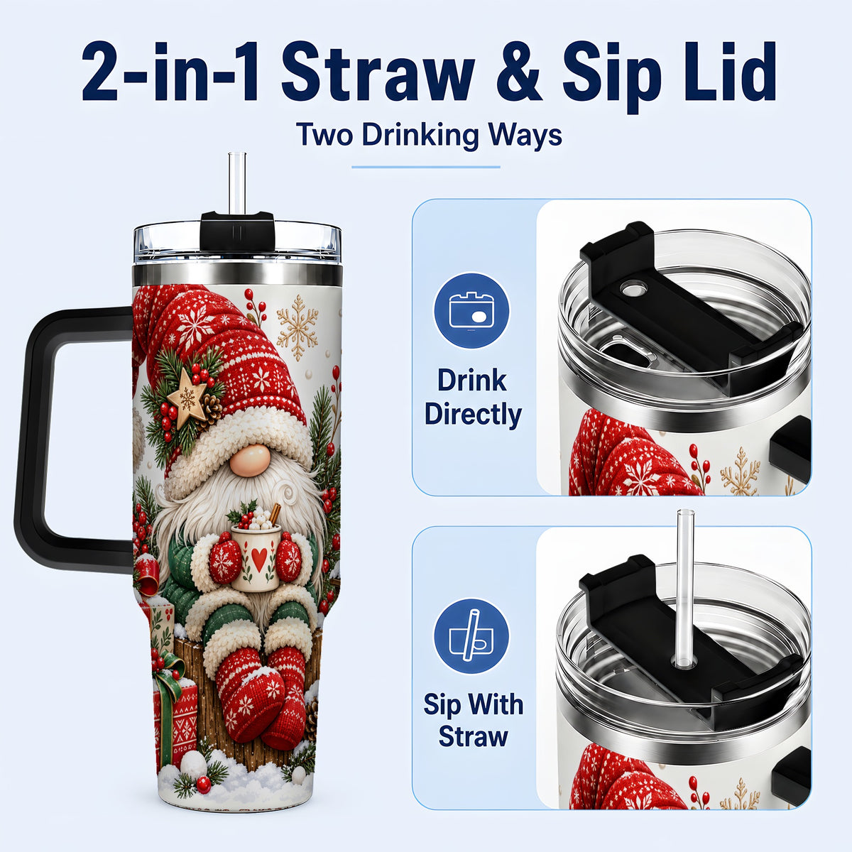 #pl[40oz|Black] Christmas Gnome 40oz Tumbler with Handle, Cozy Scandinavian Holiday Art