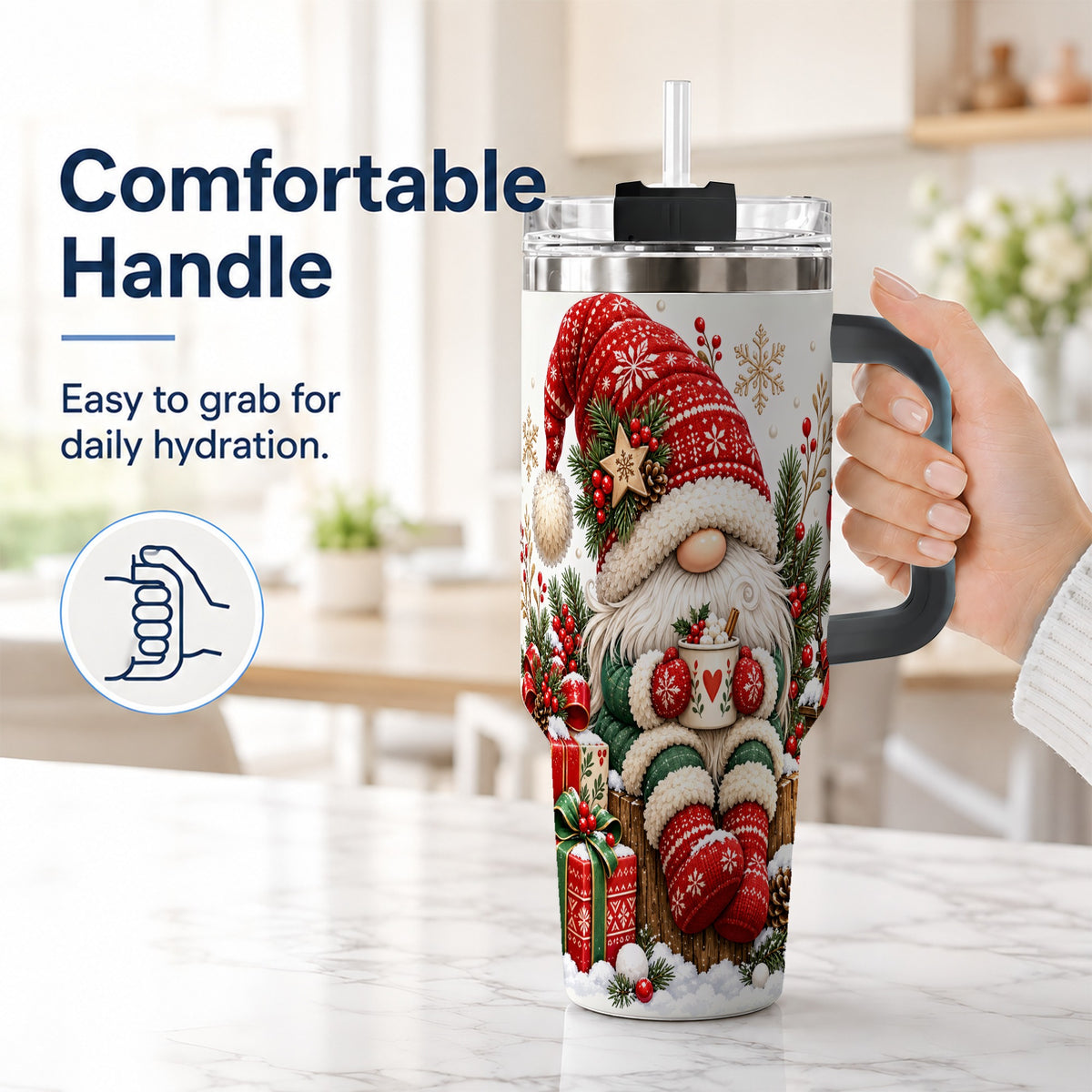 #pl[40oz|Black] Christmas Gnome 40oz Tumbler with Handle, Cozy Scandinavian Holiday Art