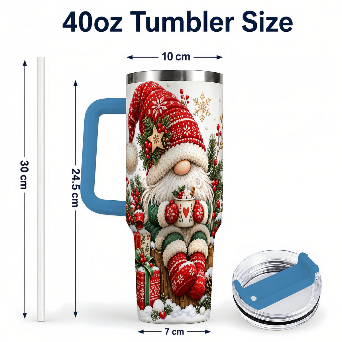#pl[40oz|Blue] Christmas Gnome 40oz Tumbler with Handle, Cozy Scandinavian Holiday Art