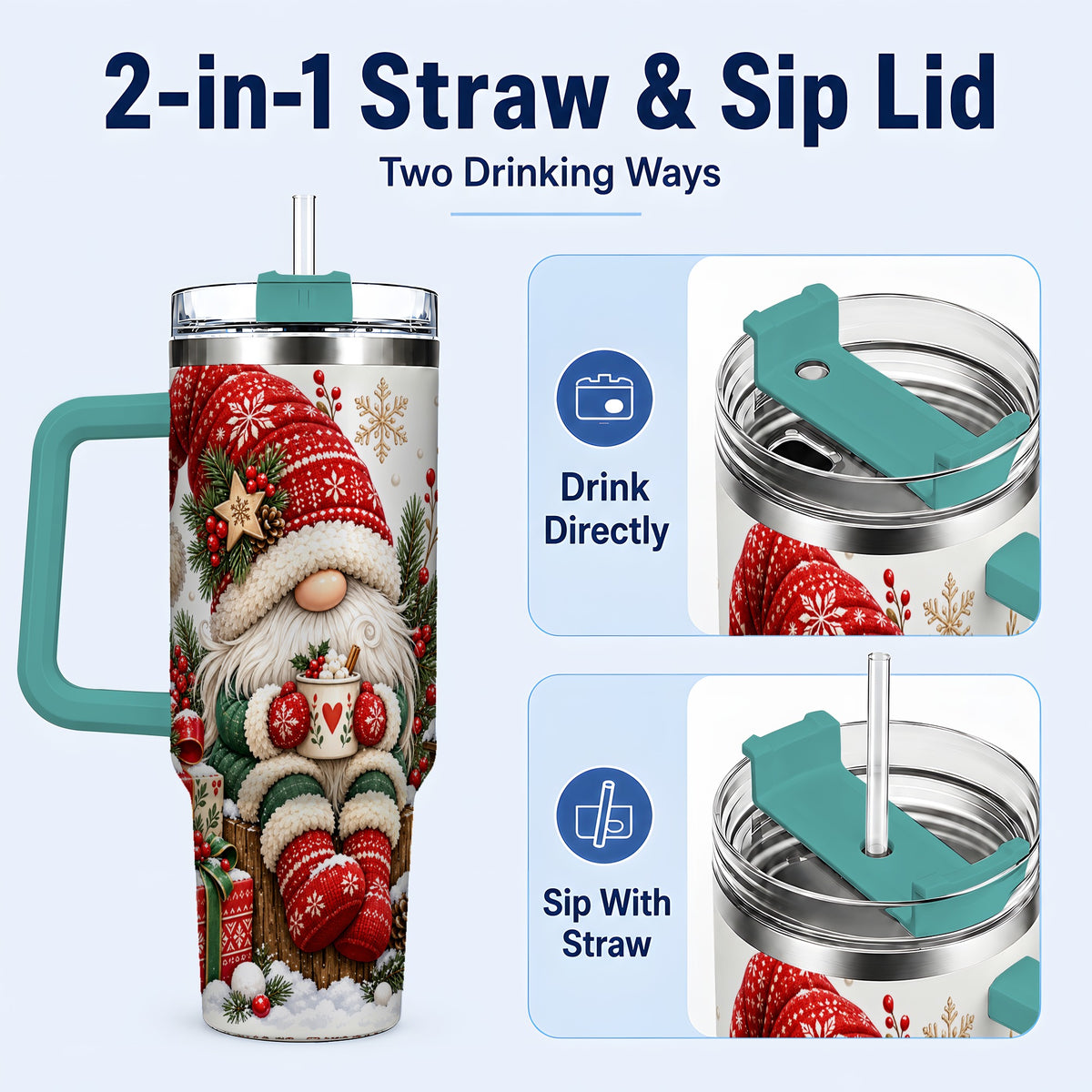 #pl[40oz|Green] Christmas Gnome 40oz Tumbler with Handle, Cozy Scandinavian Holiday Art