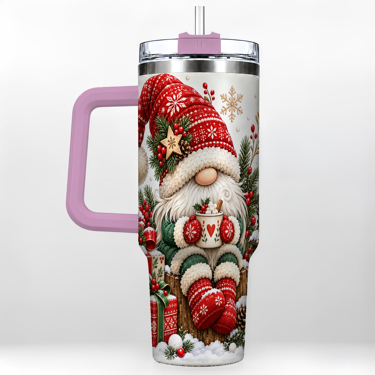 #pl[40oz|Pink] Christmas Gnome 40oz Tumbler with Handle, Cozy Scandinavian Holiday Art
