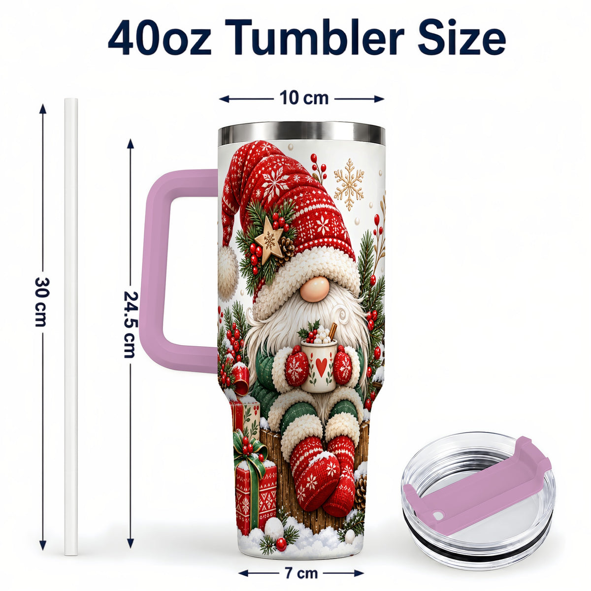 #pl[40oz|Pink] Christmas Gnome 40oz Tumbler with Handle, Cozy Scandinavian Holiday Art