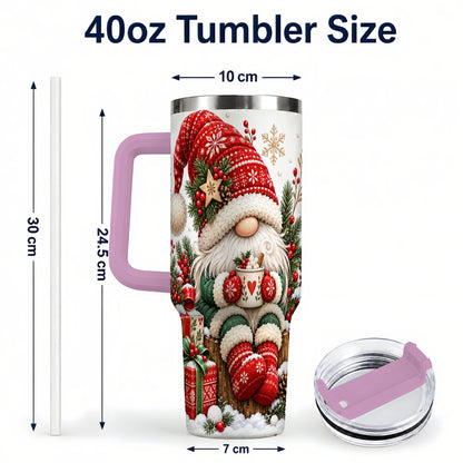 #pl[40oz|Pink] Christmas Gnome 40oz Tumbler with Handle, Cozy Scandinavian Holiday Art