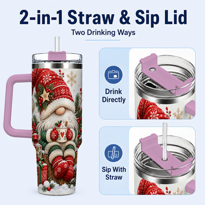 #pl[40oz|Pink] Christmas Gnome 40oz Tumbler with Handle, Cozy Scandinavian Holiday Art
