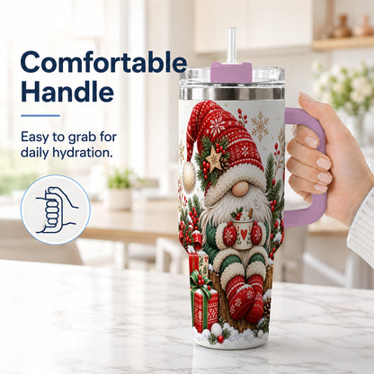 #pl[40oz|Pink] Christmas Gnome 40oz Tumbler with Handle, Cozy Scandinavian Holiday Art