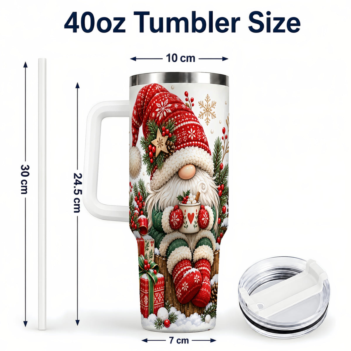 #pl[40oz|White] Christmas Gnome 40oz Tumbler with Handle, Cozy Scandinavian Holiday Art
