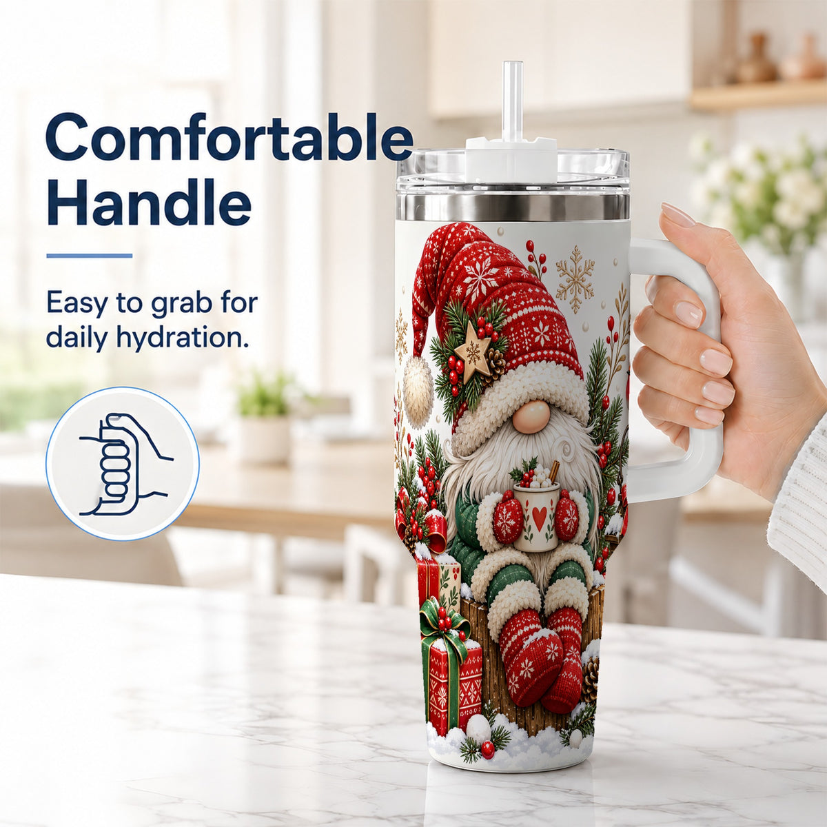 #pl[40oz|White] Christmas Gnome 40oz Tumbler with Handle, Cozy Scandinavian Holiday Art