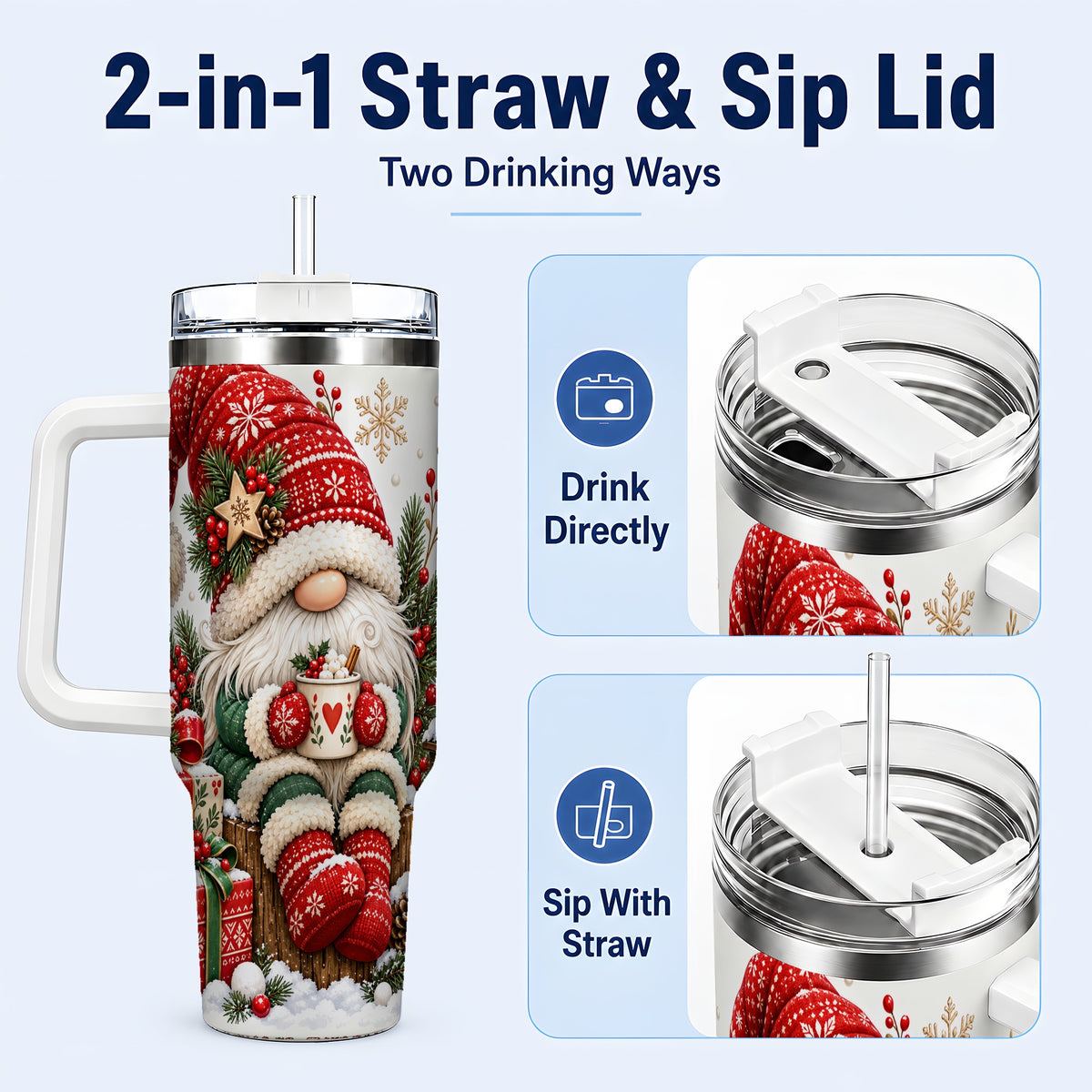 #pl[40oz|White] Christmas Gnome 40oz Tumbler with Handle, Cozy Scandinavian Holiday Art