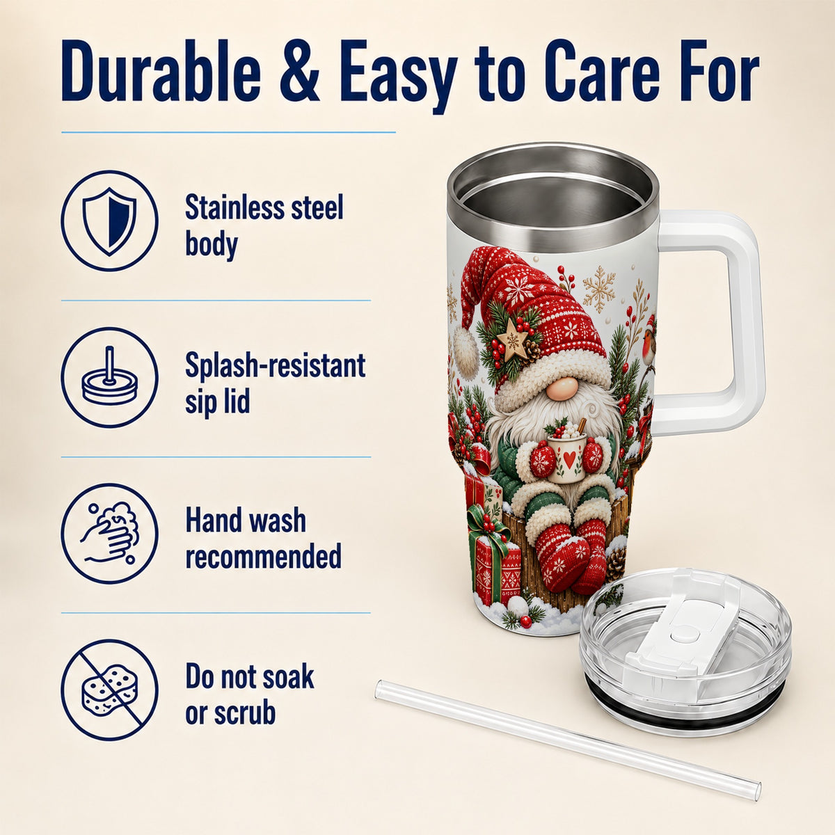 Christmas Gnome 40oz Tumbler with Handle, Cozy Scandinavian Holiday Art