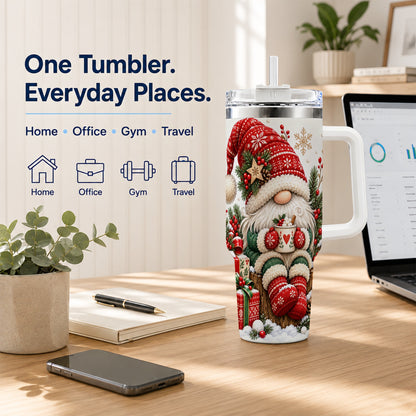 Christmas Gnome 40oz Tumbler with Handle, Cozy Scandinavian Holiday Art