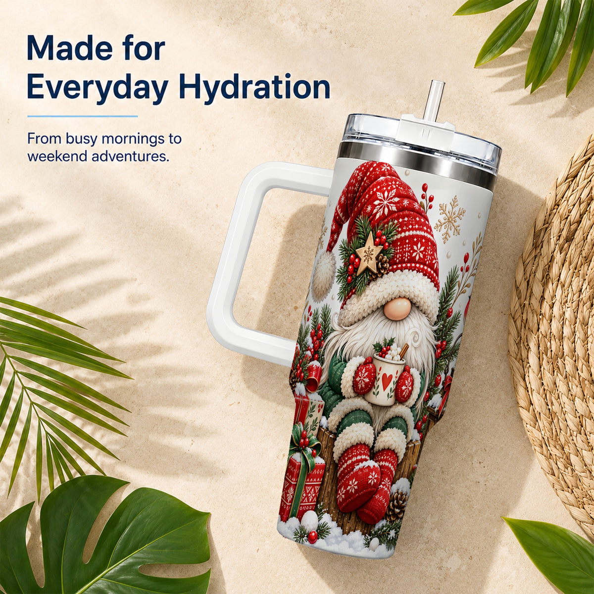 Christmas Gnome 40oz Tumbler with Handle, Cozy Scandinavian Holiday Art