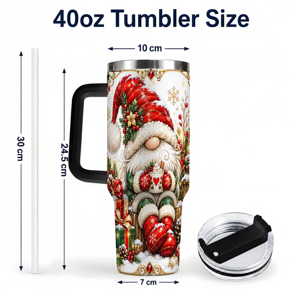 #pl[40oz|Black] Jeweled Gnome 40oz Tumbler with Handle, Ornate Christmas Holiday Art