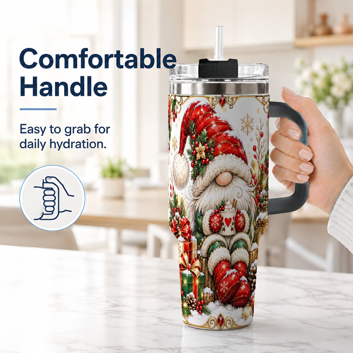 #pl[40oz|Black] Jeweled Gnome 40oz Tumbler with Handle, Ornate Christmas Holiday Art