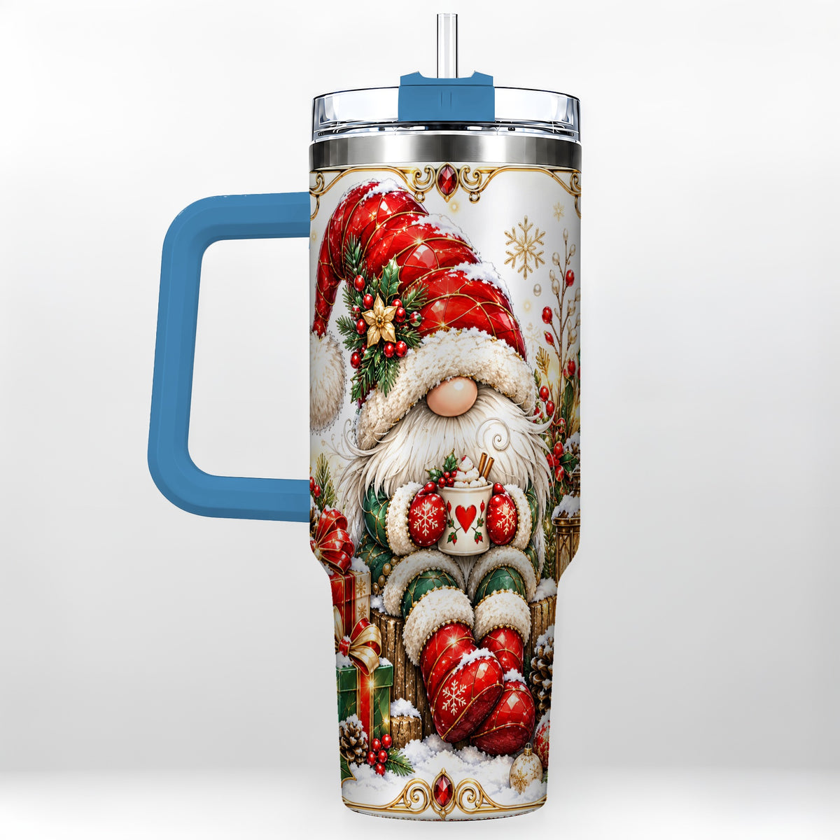 #pl[40oz|Blue] Jeweled Gnome 40oz Tumbler with Handle, Ornate Christmas Holiday Art