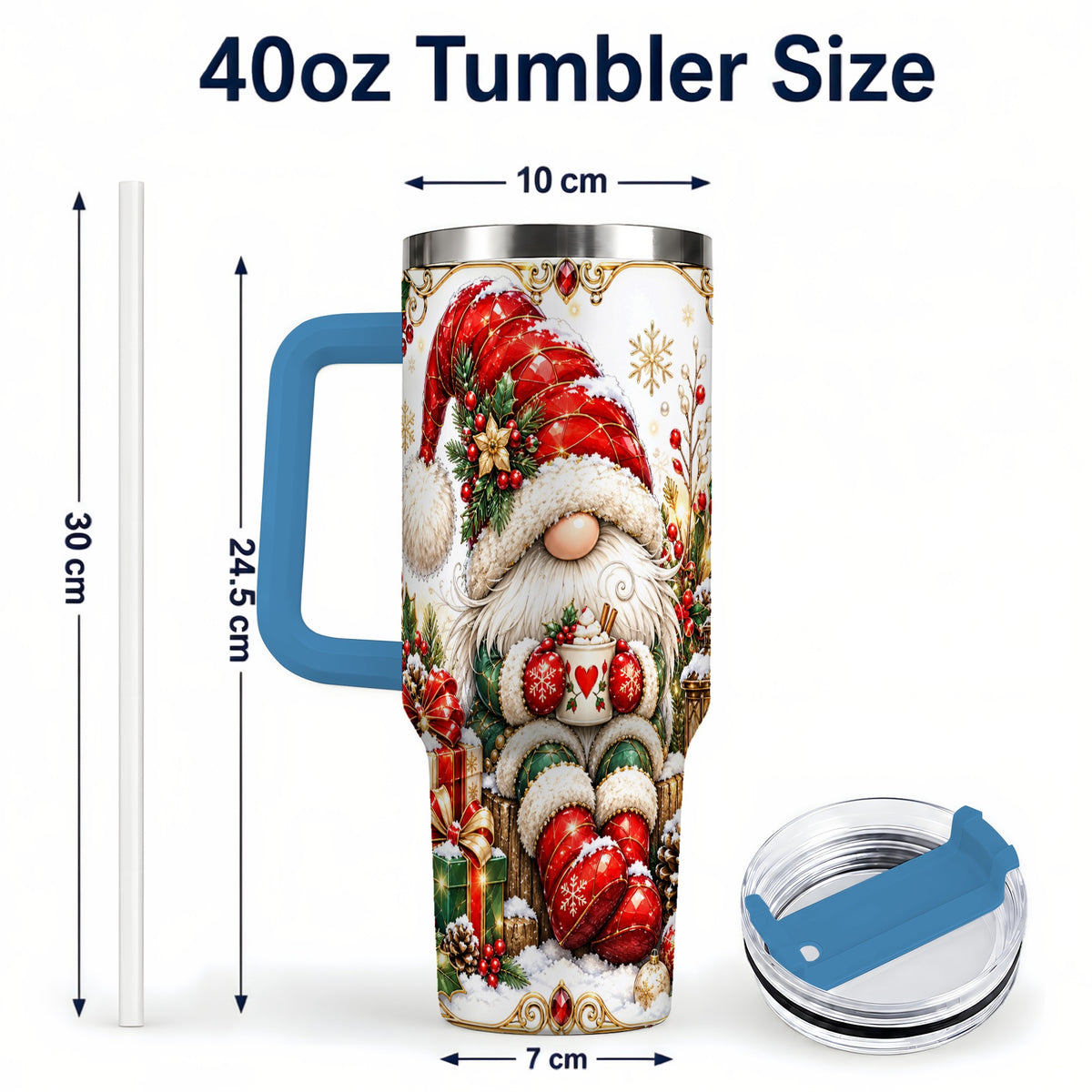 #pl[40oz|Blue] Jeweled Gnome 40oz Tumbler with Handle, Ornate Christmas Holiday Art