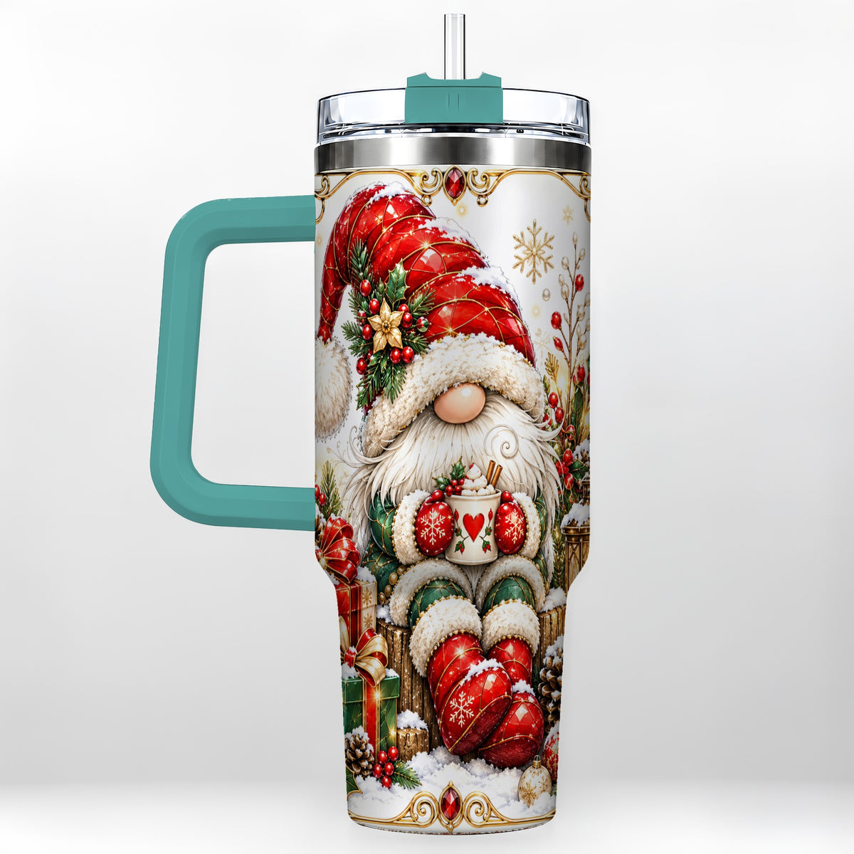 #pl[40oz|Green] Jeweled Gnome 40oz Tumbler with Handle, Ornate Christmas Holiday Art