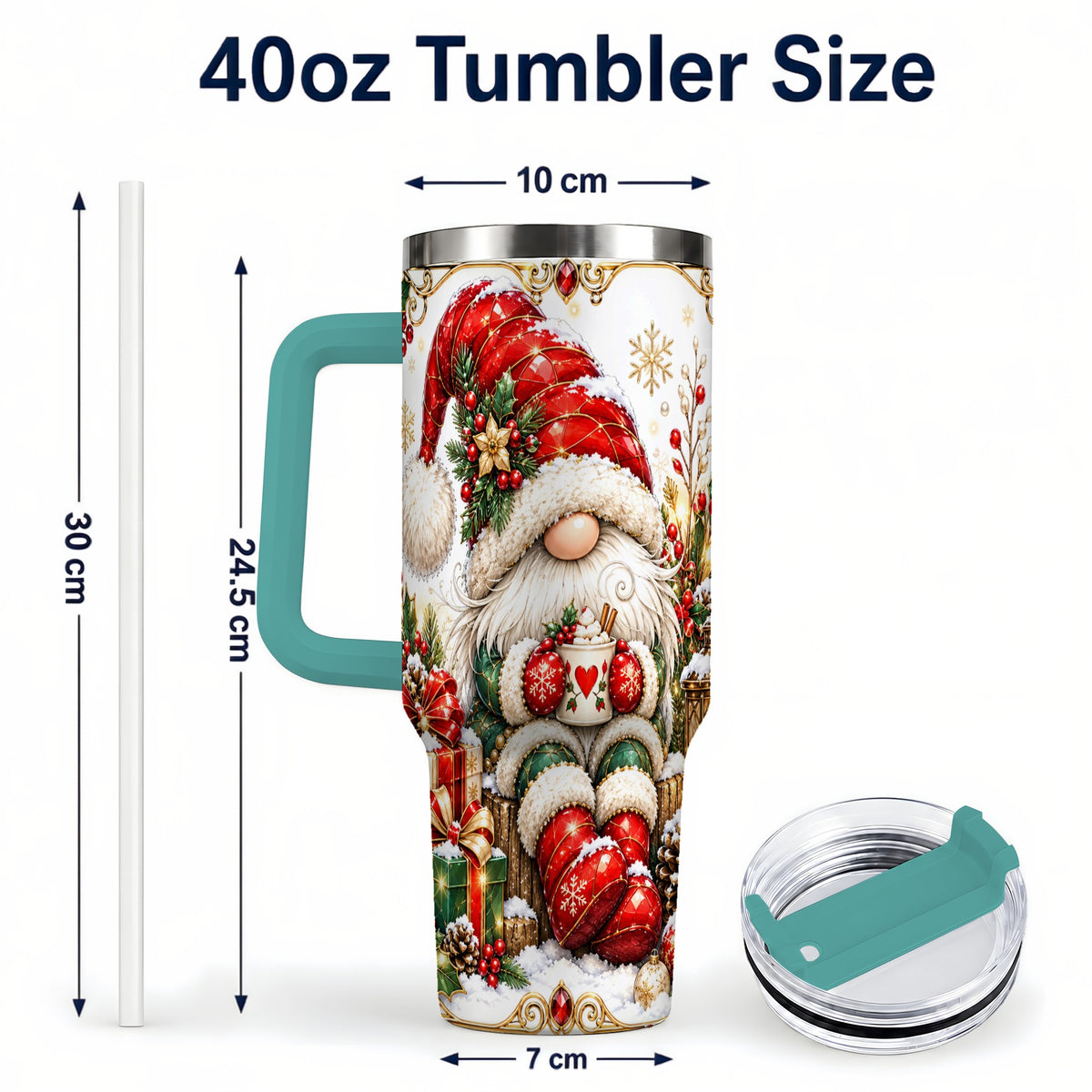 #pl[40oz|Green] Jeweled Gnome 40oz Tumbler with Handle, Ornate Christmas Holiday Art