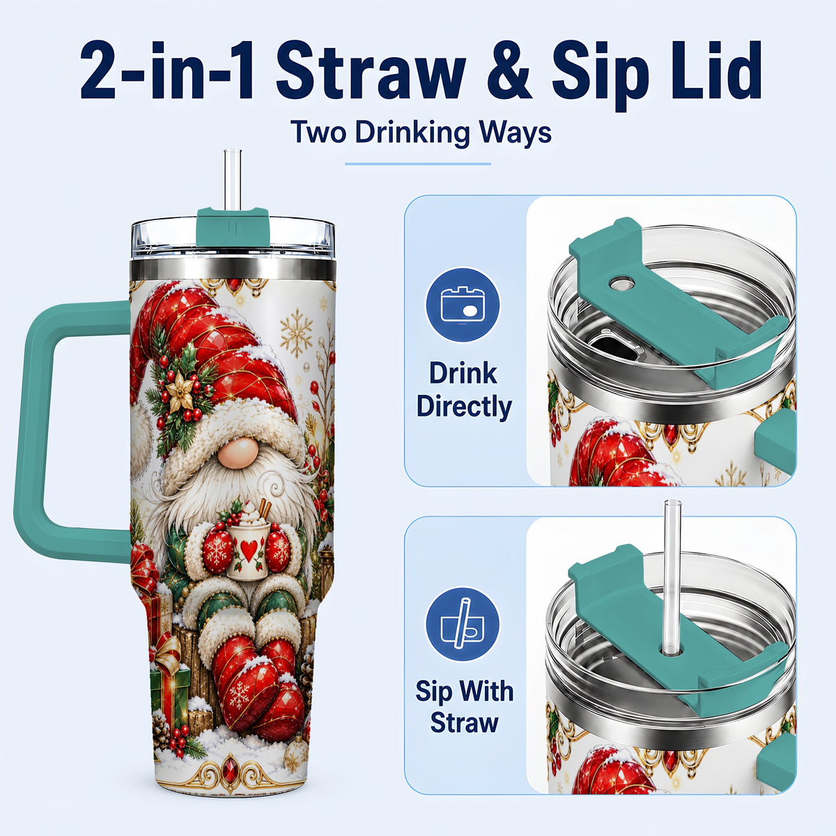 #pl[40oz|Green] Jeweled Gnome 40oz Tumbler with Handle, Ornate Christmas Holiday Art