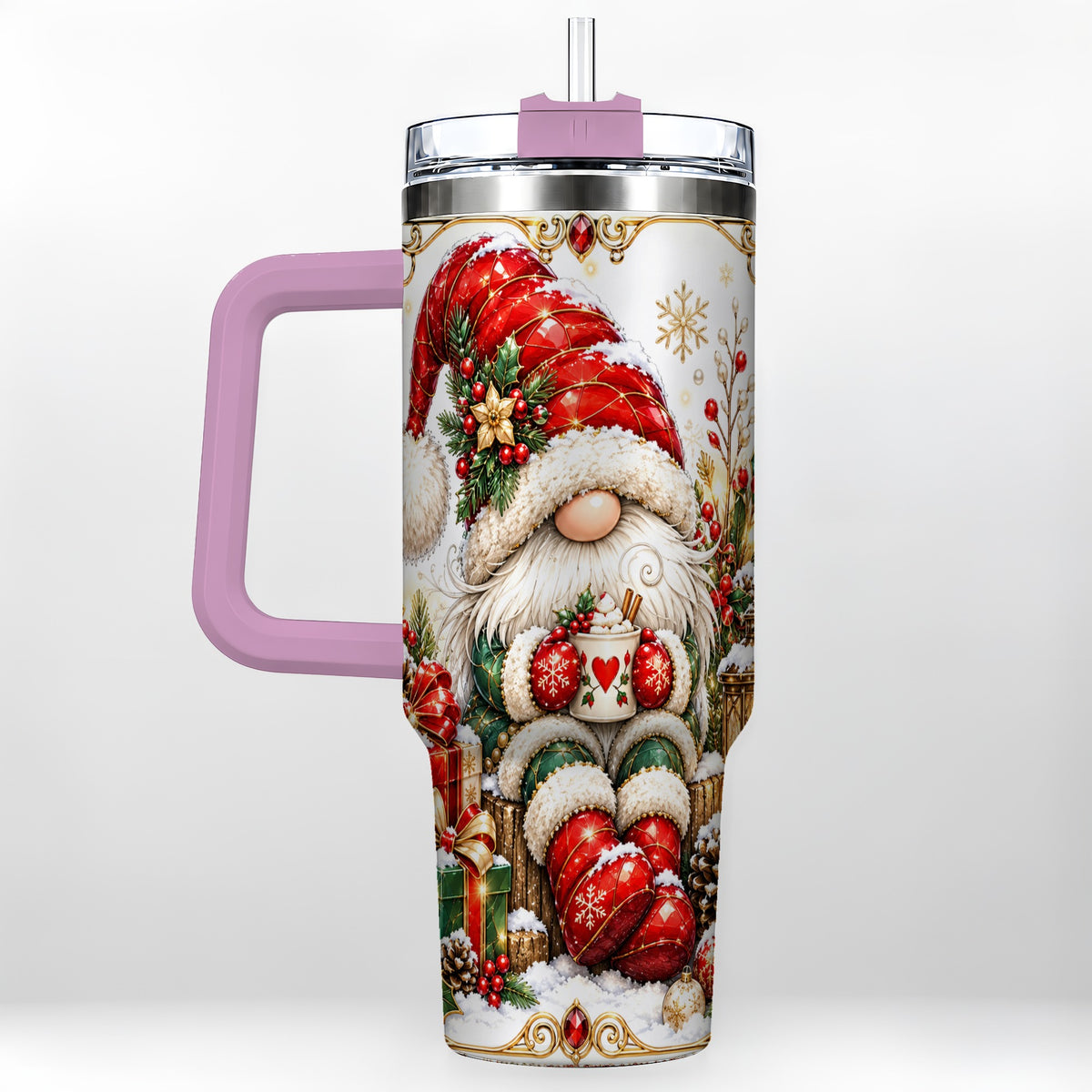 #pl[40oz|Pink] Jeweled Gnome 40oz Tumbler with Handle, Ornate Christmas Holiday Art