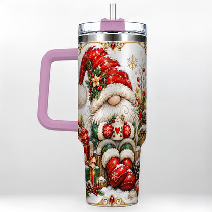 #pl[40oz|Pink] Jeweled Gnome 40oz Tumbler with Handle, Ornate Christmas Holiday Art
