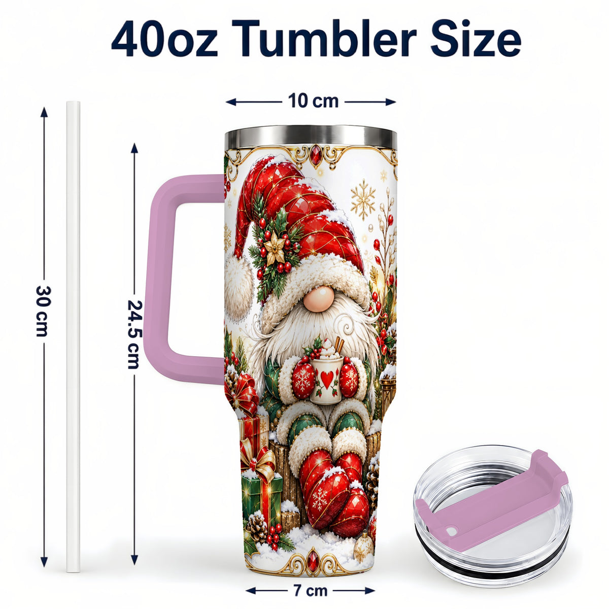 #pl[40oz|Pink] Jeweled Gnome 40oz Tumbler with Handle, Ornate Christmas Holiday Art
