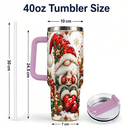 #pl[40oz|Pink] Jeweled Gnome 40oz Tumbler with Handle, Ornate Christmas Holiday Art