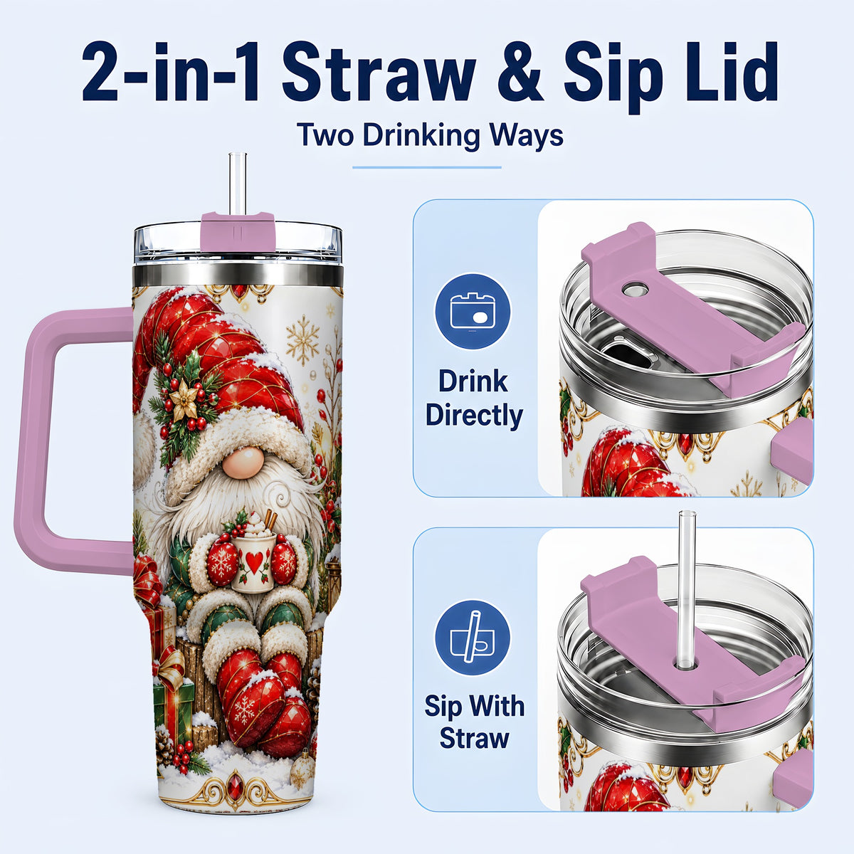 #pl[40oz|Pink] Jeweled Gnome 40oz Tumbler with Handle, Ornate Christmas Holiday Art