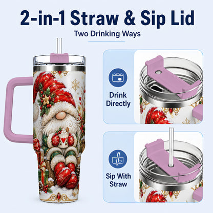 #pl[40oz|Pink] Jeweled Gnome 40oz Tumbler with Handle, Ornate Christmas Holiday Art