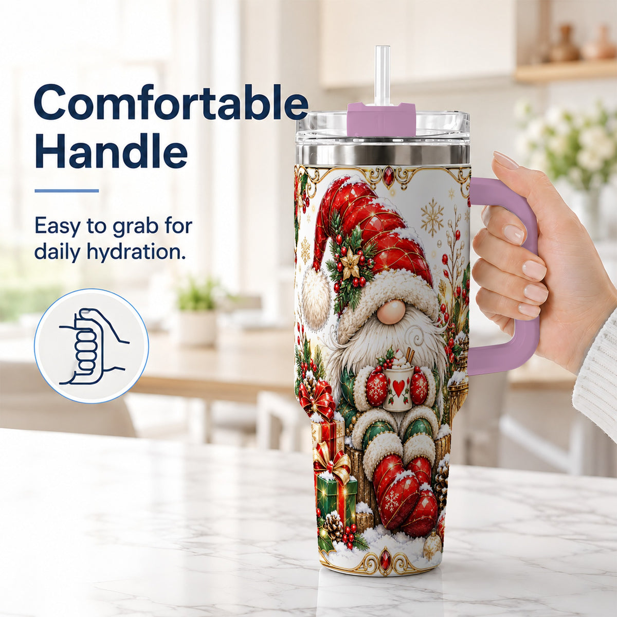 #pl[40oz|Pink] Jeweled Gnome 40oz Tumbler with Handle, Ornate Christmas Holiday Art