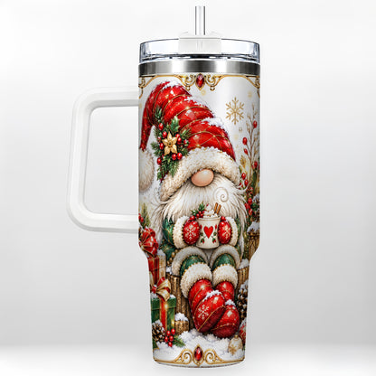 Jeweled Gnome 40oz Tumbler with Handle, Ornate Christmas Holiday Art
