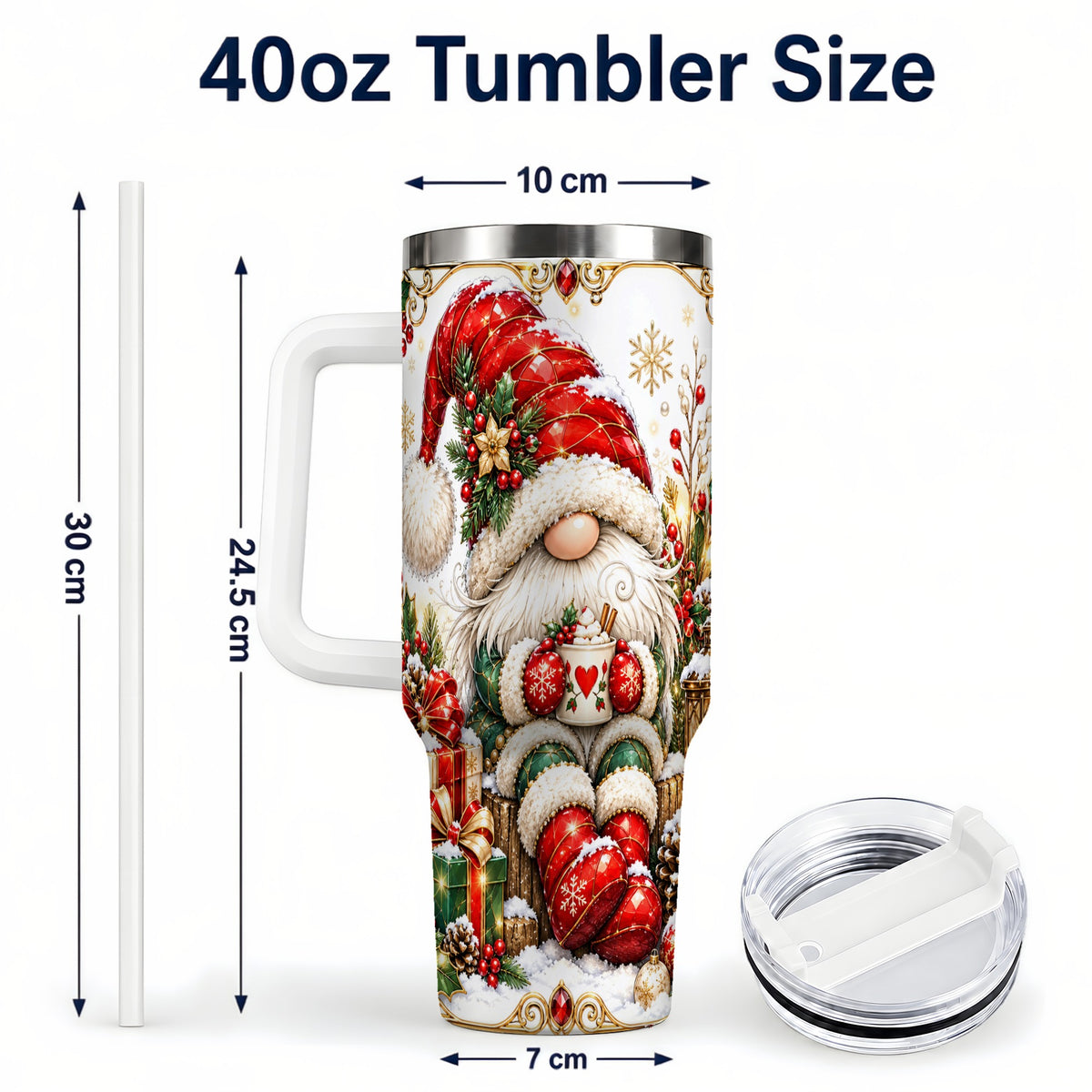 #pl[40oz|White] Jeweled Gnome 40oz Tumbler with Handle, Ornate Christmas Holiday Art