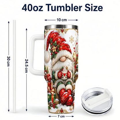 #pl[40oz|White] Jeweled Gnome 40oz Tumbler with Handle, Ornate Christmas Holiday Art