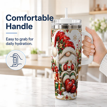 #pl[40oz|White] Jeweled Gnome 40oz Tumbler with Handle, Ornate Christmas Holiday Art