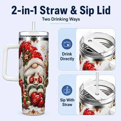#pl[40oz|White] Jeweled Gnome 40oz Tumbler with Handle, Ornate Christmas Holiday Art