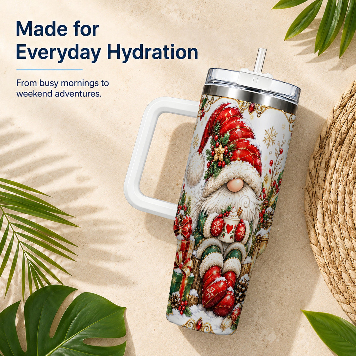 Jeweled Gnome 40oz Tumbler with Handle, Ornate Christmas Holiday Art